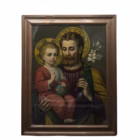 Icoană Veche Catolică „Sfântul Iosif cu Pruncul Iisus” (Oleografie / Cromolitografie pe Placaj), în Ramă de Epocă Tablouri