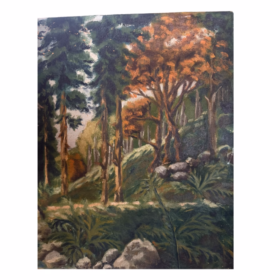 Tablou- Peisaj de toamnă: Râu în pădure – Pictură în ulei pe pânză,