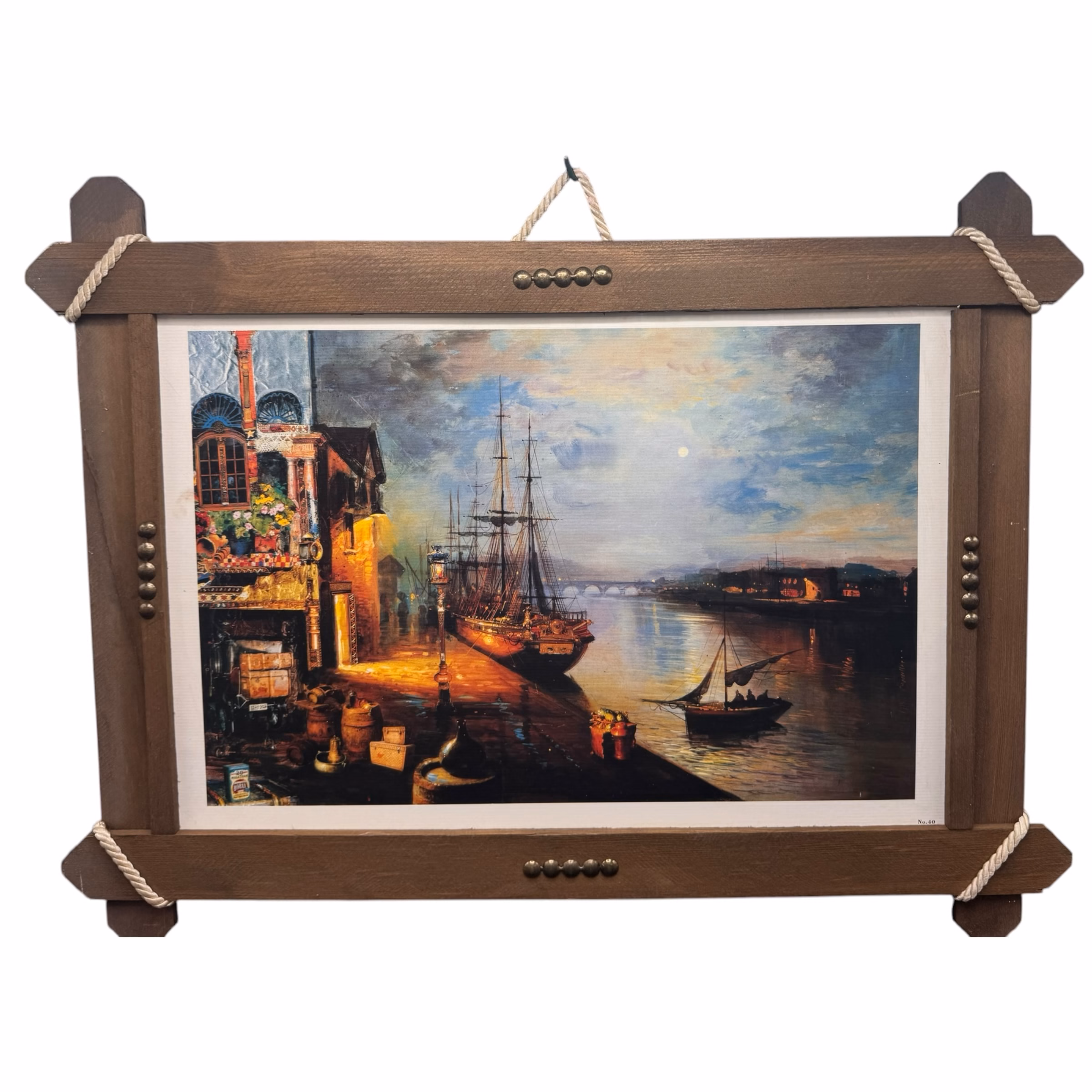Tablou vintage cu scenă portuară nocturnă – vas cu pânze Decoratiuni
