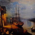 Tablou vintage cu scenă portuară nocturnă – vas cu pânze Decoratiuni