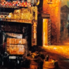 Tablou vintage cu scenă portuară nocturnă – vas cu pânze Decoratiuni