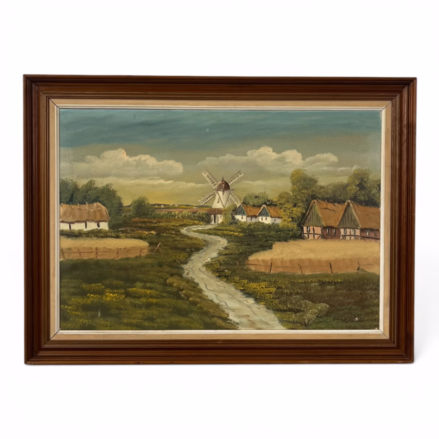 Tablou Vintage pictat în ulei pe p Peisaj Rural cu Moară de Vânt de mari dimensiuni