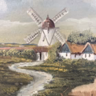 Tablou Vintage pictat în ulei pe p Peisaj Rural cu Moară de Vânt de mari dimensiuni Decoratiuni