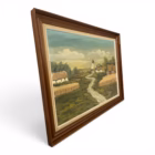 Tablou Vintage pictat în ulei pe p Peisaj Rural cu Moară de Vânt de mari dimensiuni Decoratiuni