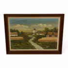 Tablou Vintage pictat în ulei pe p Peisaj Rural cu Moară de Vânt de mari dimensiuni Decoratiuni