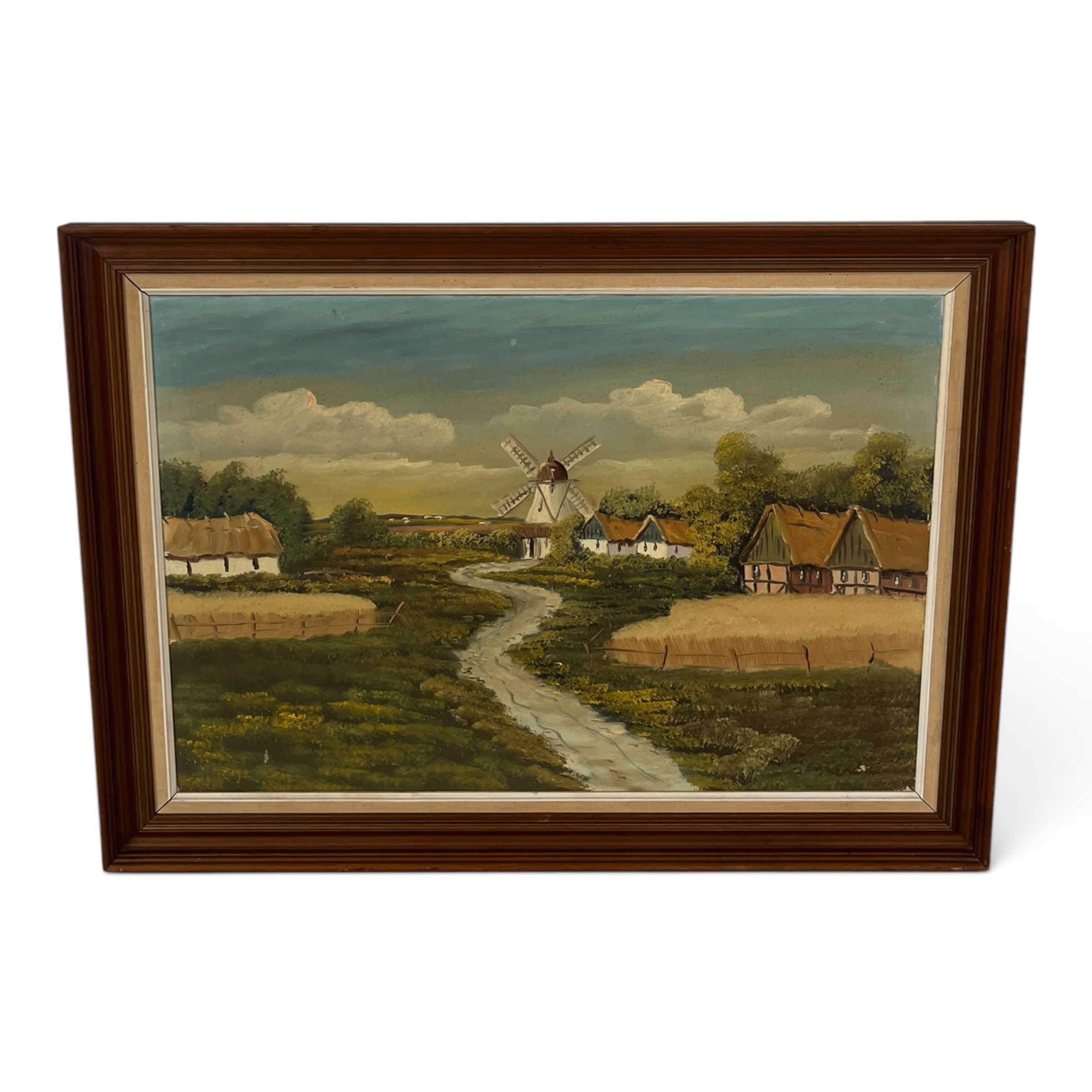 Tablou Vintage pictat în ulei pe p Peisaj Rural cu Moară de Vânt de mari dimensiuni Decoratiuni