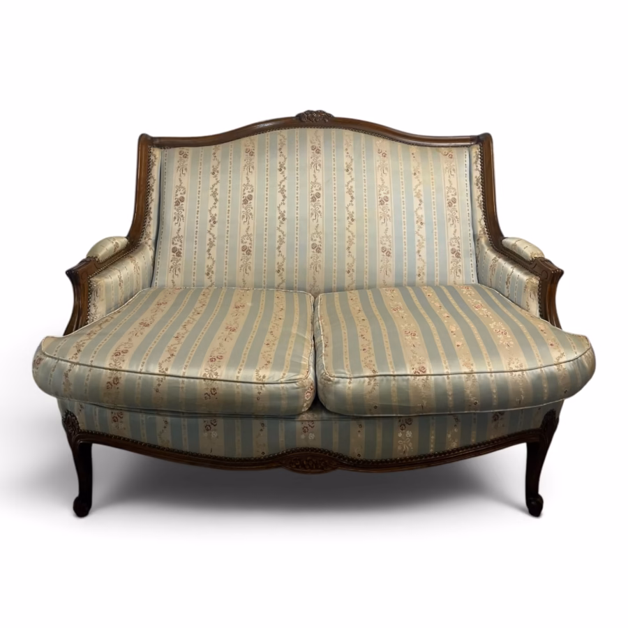 Canapea vintage / anticar din lemn masiv cu tapițerie din mătase dungată și imprimeu floral, stil clasic Louis XV / Ludovic al XV-lea