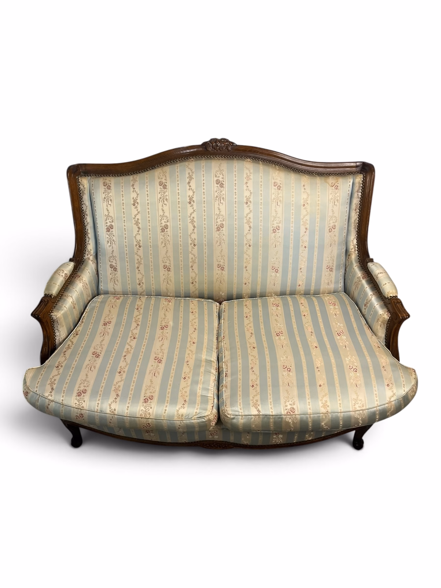 Canapea vintage / anticar din lemn masiv cu tapițerie din mătase dungată și imprimeu floral, stil clasic Louis XV / Ludovic al XV-lea Articole de colecție