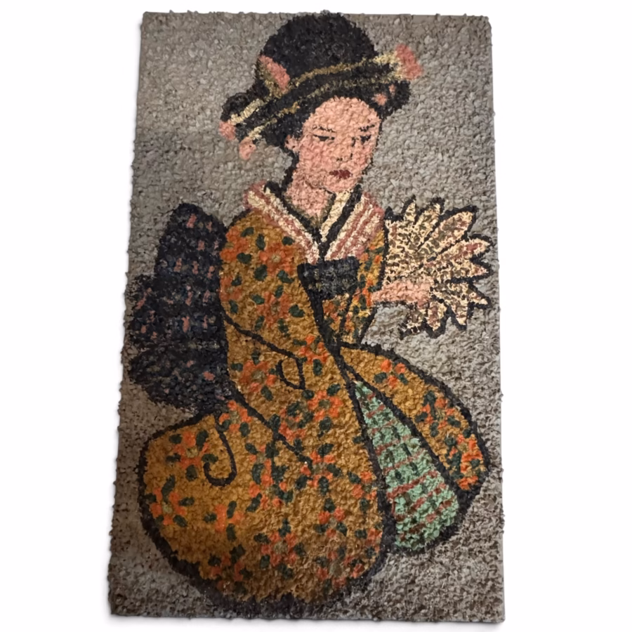 Tablou Vintage din Mozaic de Pietricele - "Geișă cu Evantai", Artă Reliefată, 1960-1970