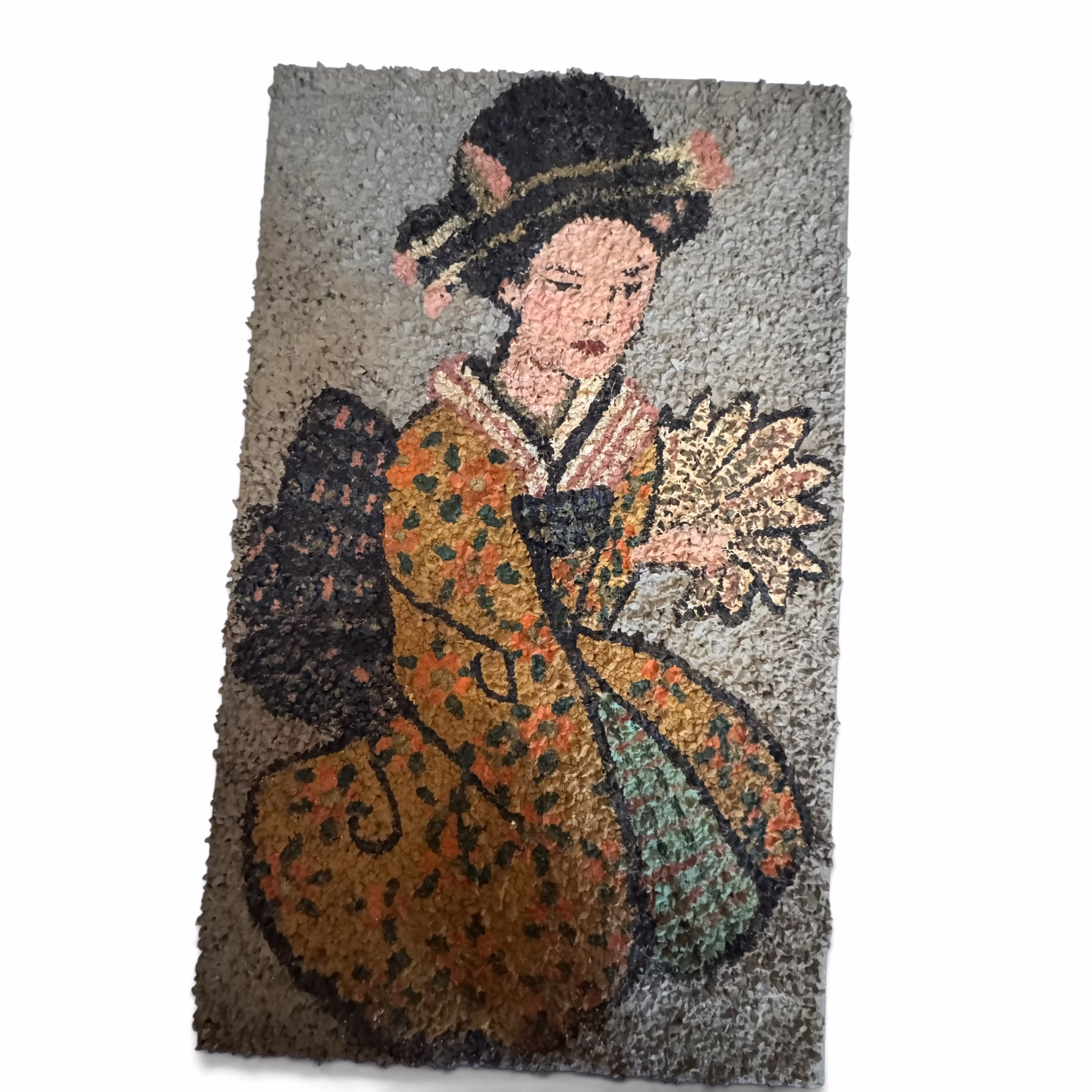 Tablou Vintage din Mozaic de Pietricele – „Geișă cu Evantai”, Artă Reliefată, 1960-1970 Decoratiuni
