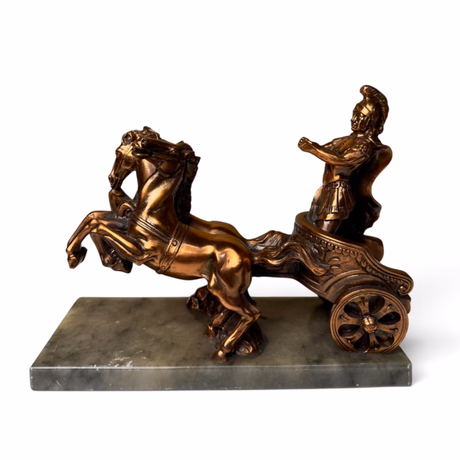 Statuetă vintage car de luptă roman cu doi cai în cabraj