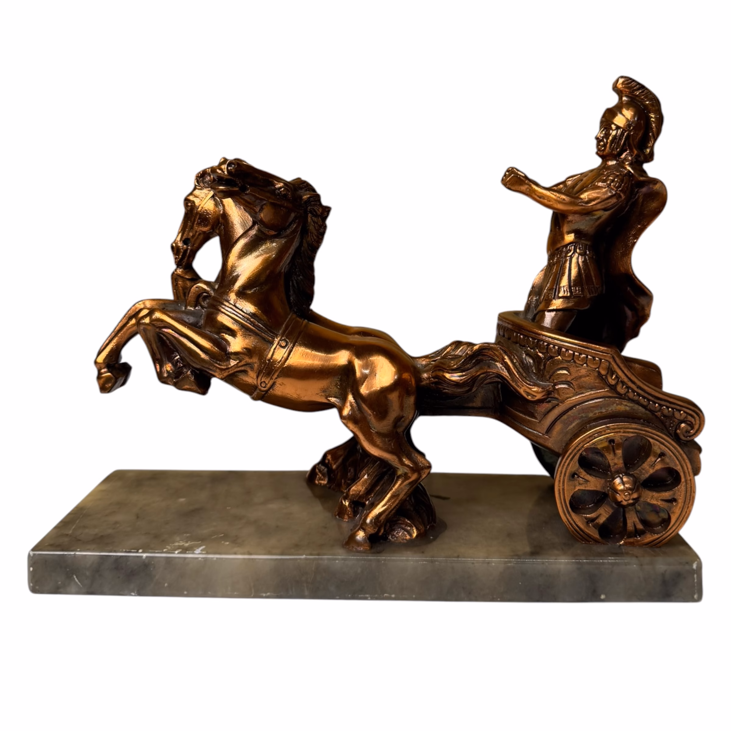 Statuetă vintage car de luptă roman cu doi cai în cabraj Statuete