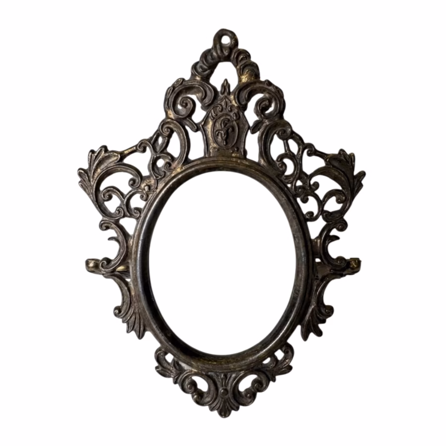 Oglindă vintage de masă / toaletă, basculantă, în stil Rococo, din metal patinat