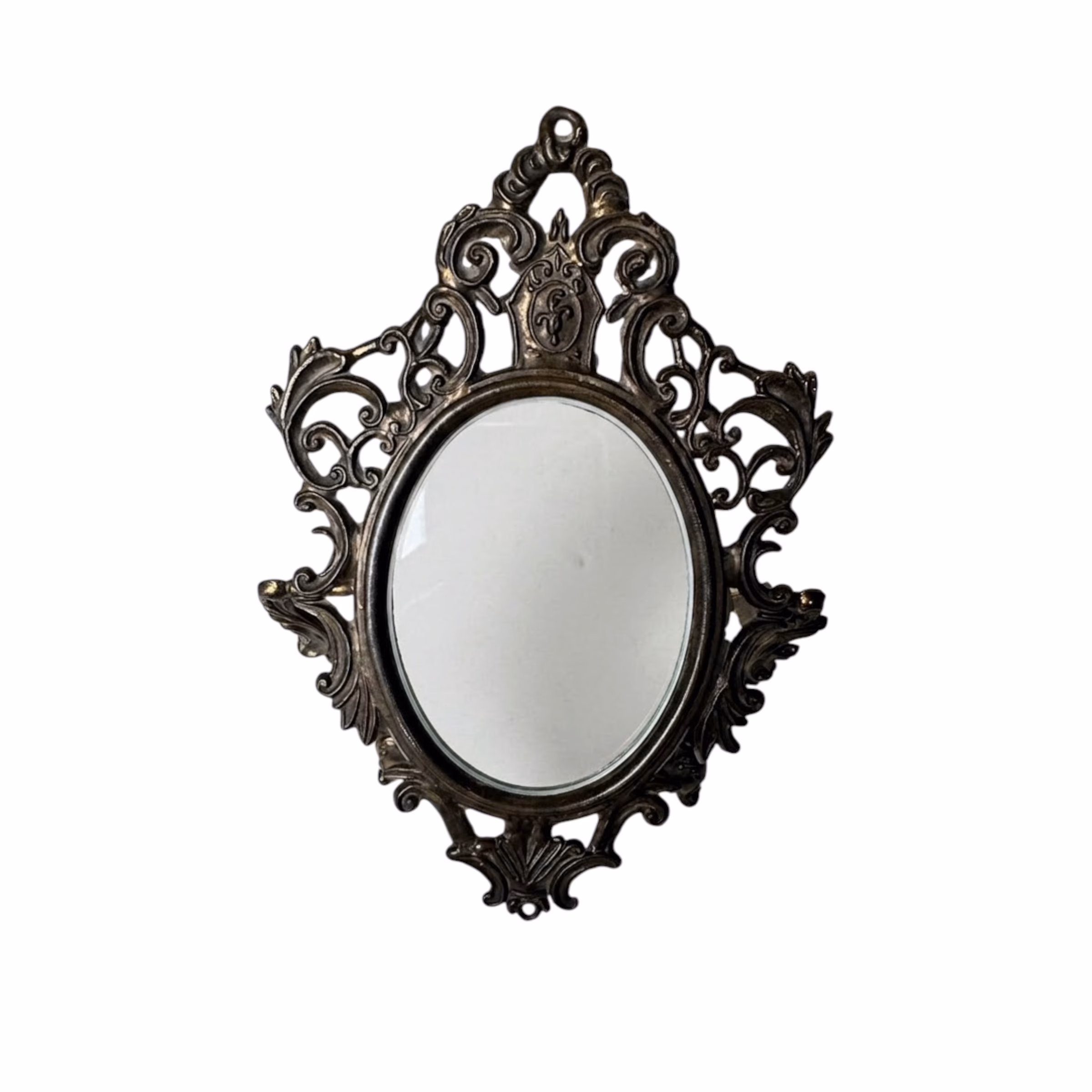 Oglindă vintage de masă / toaletă, basculantă, în stil Rococo, din metal patinat Oglinzi