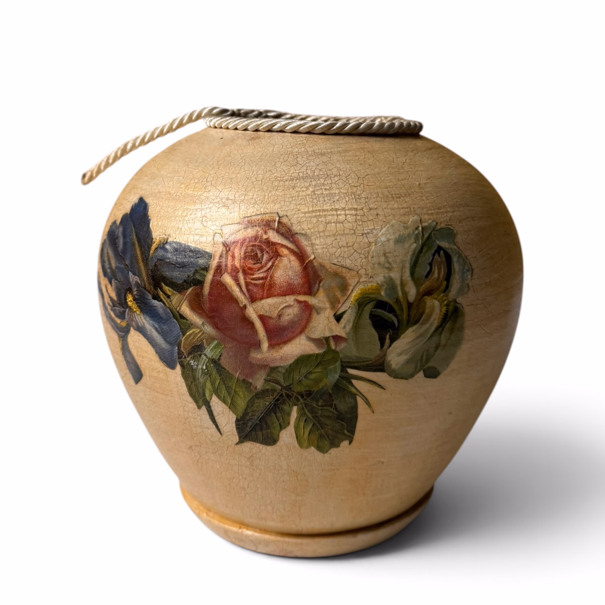 Vază Decorativă Vintage cu Decoupage Flori și Efect Craquelé / Șnur Textil Vaze