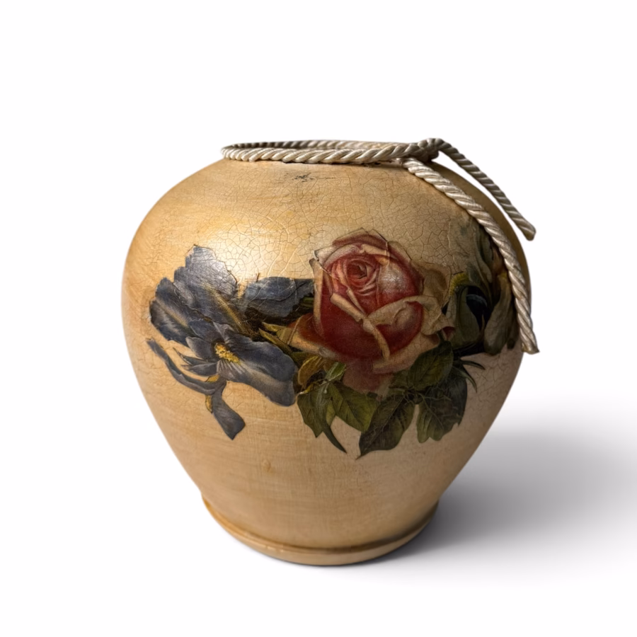 Vază Decorativă Vintage cu Decoupage Flori și Efect Craquelé / Șnur Textil