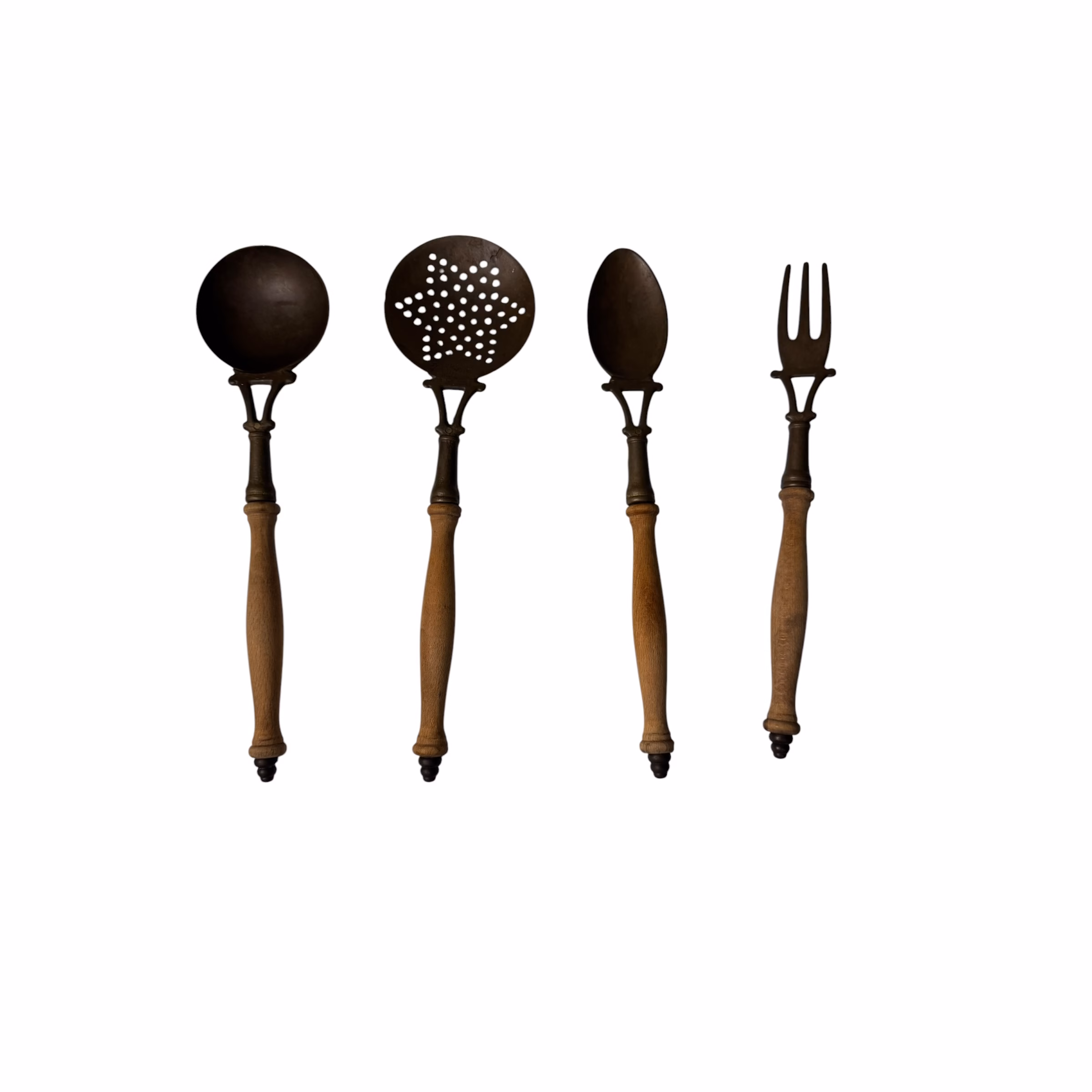 Set Vintage de 4 Utensile pentru Bucătărie – Bronz/Alamă și Mânere din Lemn Tacamuri