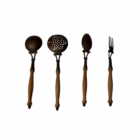 Set Vintage de 4 Utensile pentru Bucătărie – Bronz/Alamă și Mânere din Lemn Tacamuri