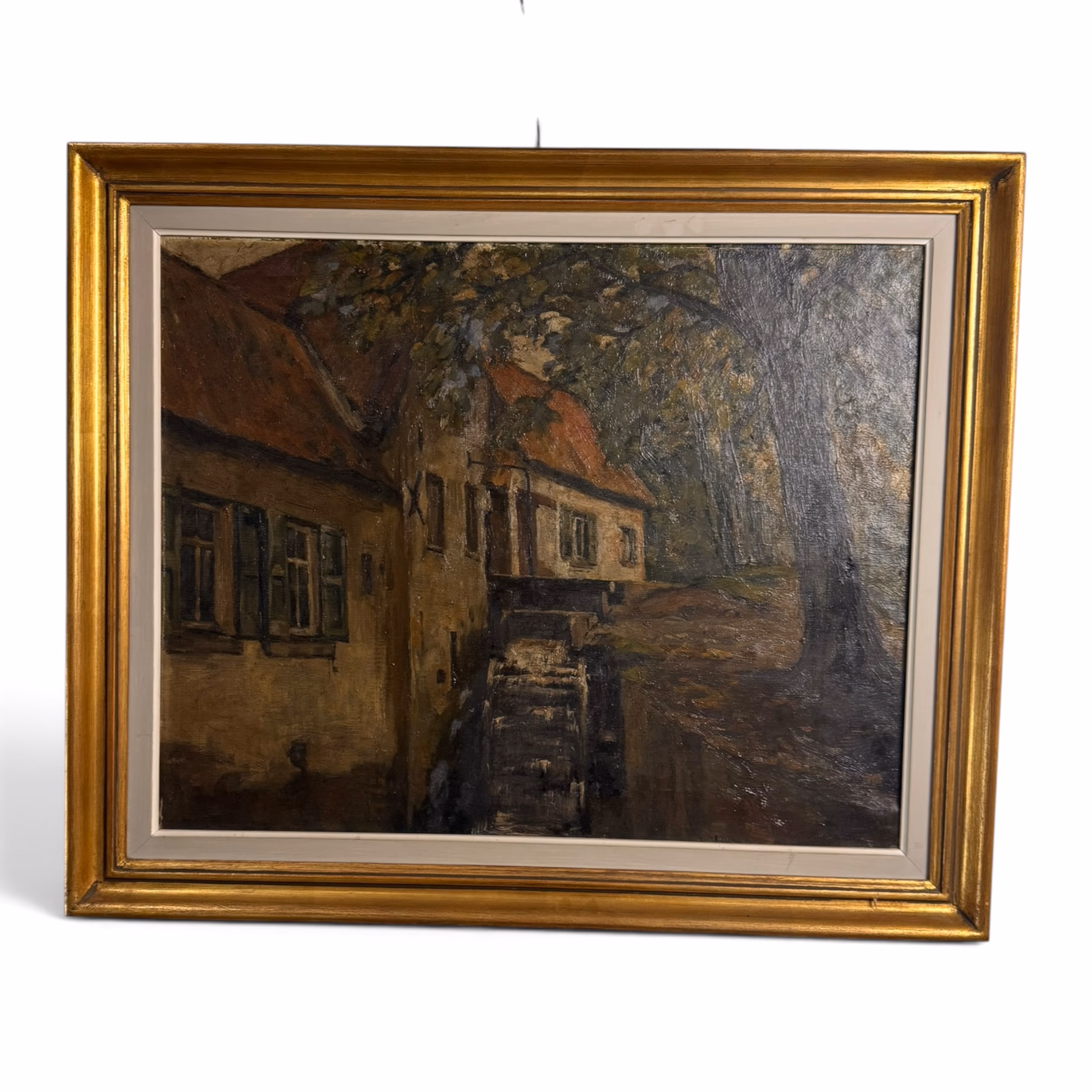 Peisaj rural nocturn cu casă veche – Pictură în ulei pe pânză pictat Manual, Belgia (cca. 1920–1940) Tablouri