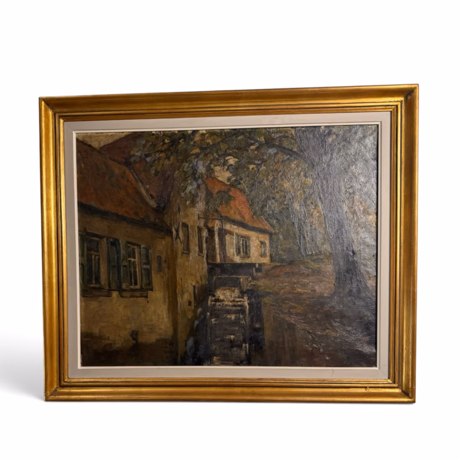 Peisaj rural nocturn cu casă veche – Pictură în ulei pe pânză pictat Manual, Belgia (cca. 1920–1940)