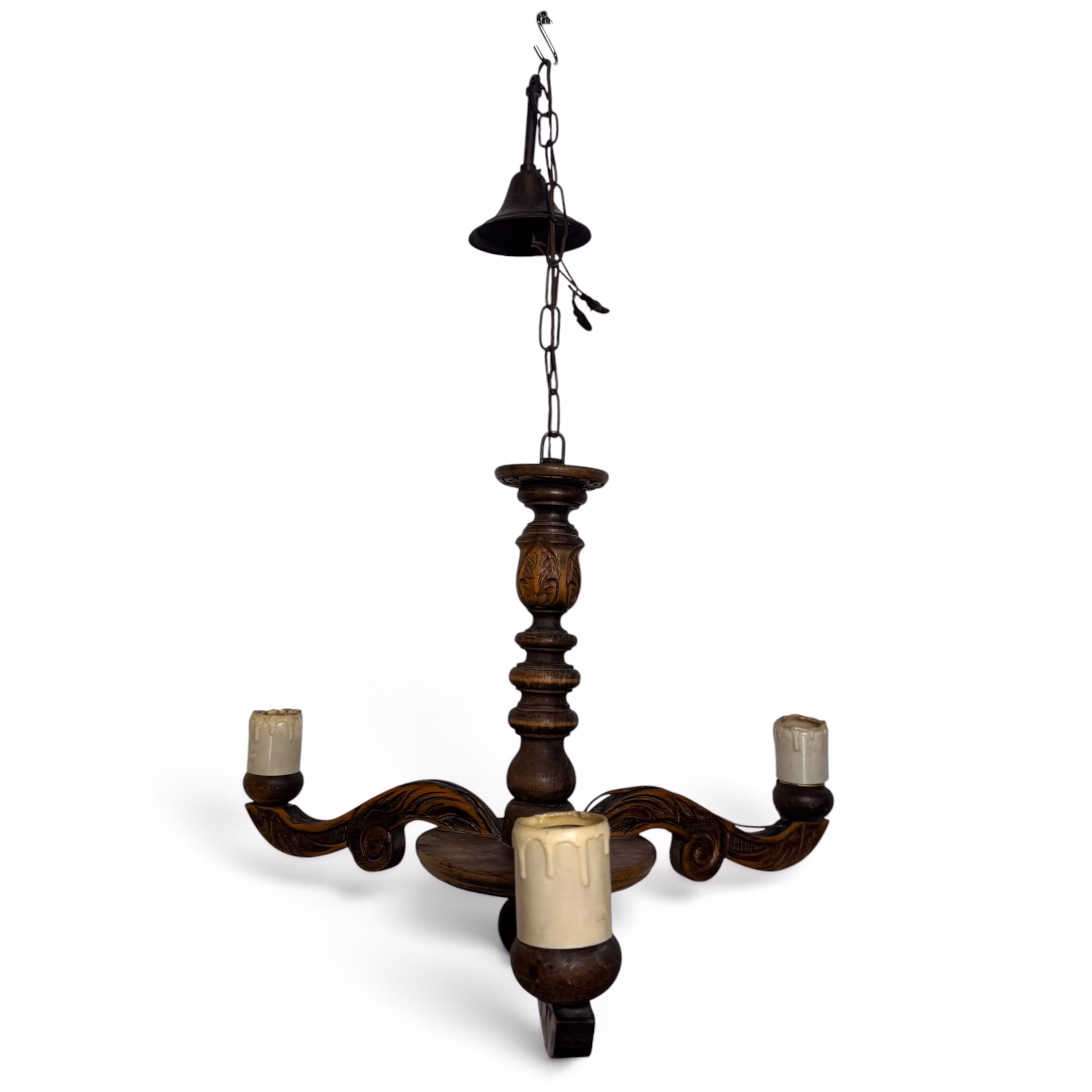 Lustră Antică din Lemn Sculptat Manual cu Trei Brațe și Imitație Lumânări (Secolul XX) Lustre
