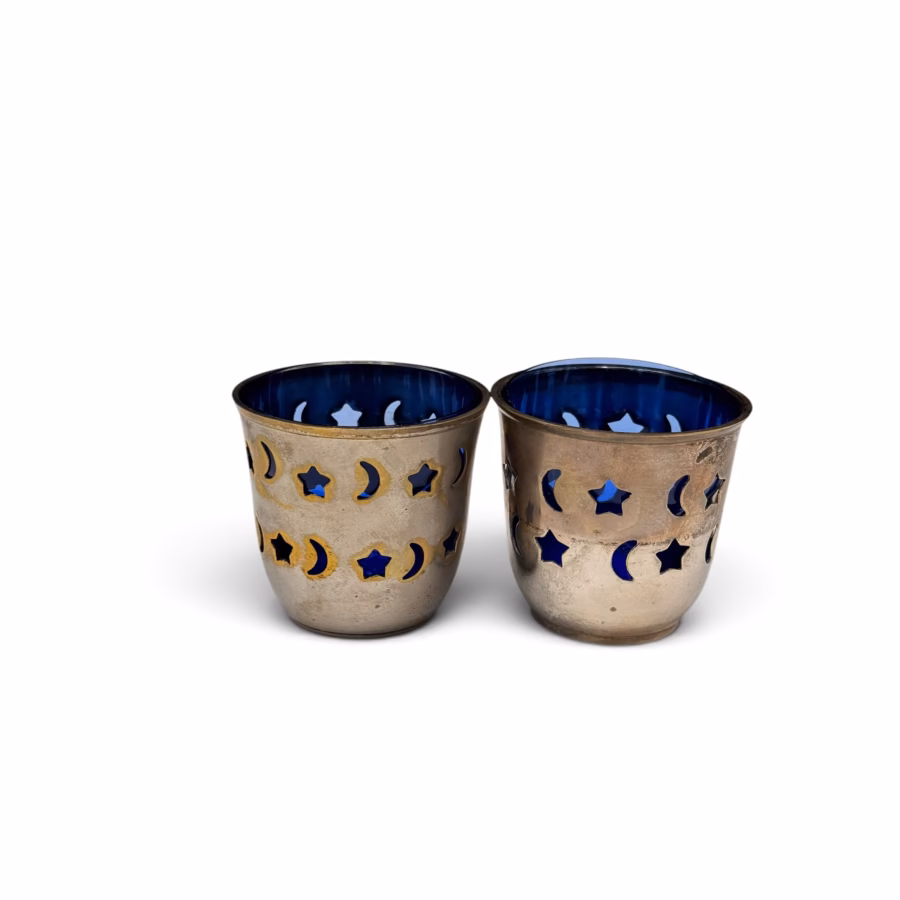 Set 2 Pahare-Suporturi Vintage din Sticlă Albastră cu Manșon Metalic Ajour (Stele și Luni)