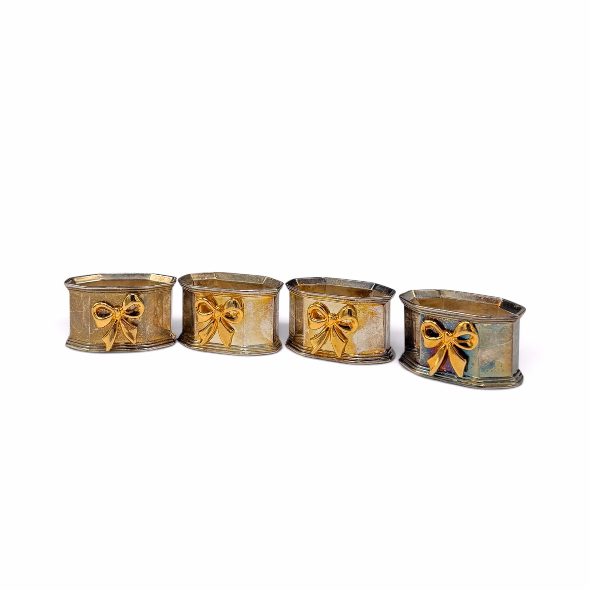 Set de 4 Inele Vintage pentru Șervețele, Metal Argintat cu Fundiță Aurie Decoratiuni